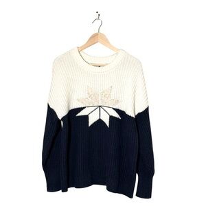 Land’s End‎ sweater cotton wool blend snowflake crew neck colorblock navy Large